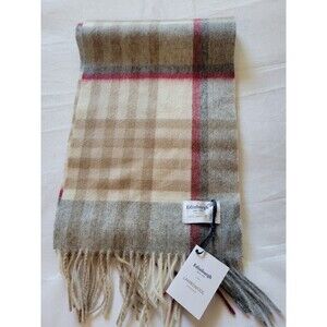 Edinburgh NWT100% Lambswool Scarf Camel Grey Tartan Plaid Virgin Wool 62 x10"